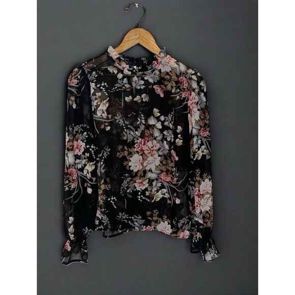 Womens Floral Sheer Blouse Black Long Sleeve Ruffle Neck Romantic Top Small - Picture 6 of 16